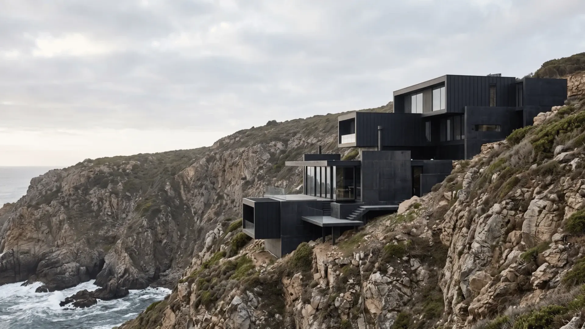 Black cliff-side house with terraced levels, cantilevered rooms, glazing, and volumes stepping down a slope