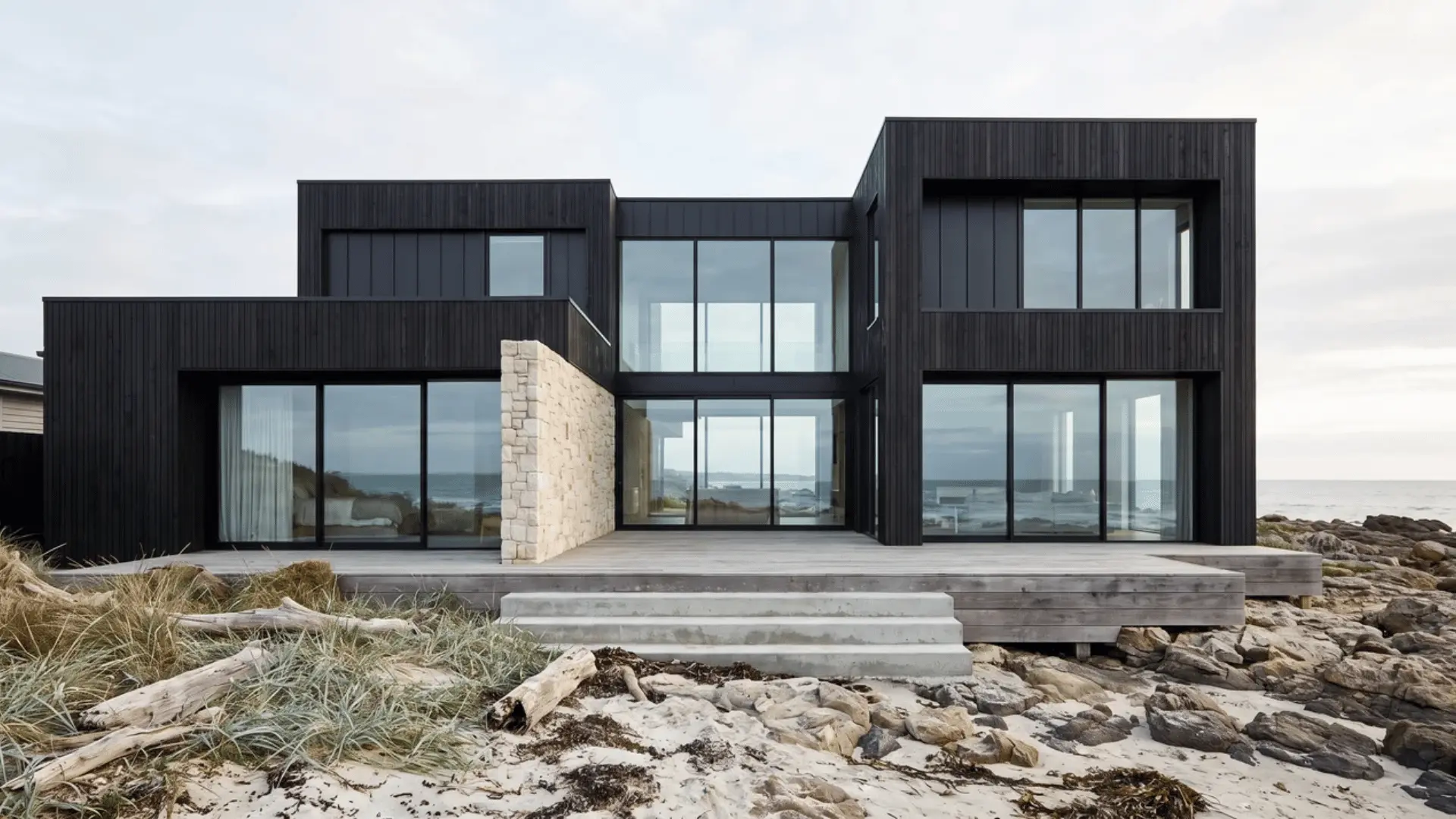 Black coastal modern house with broad glazing, dark cladding, pale stone, wood, and water beyond