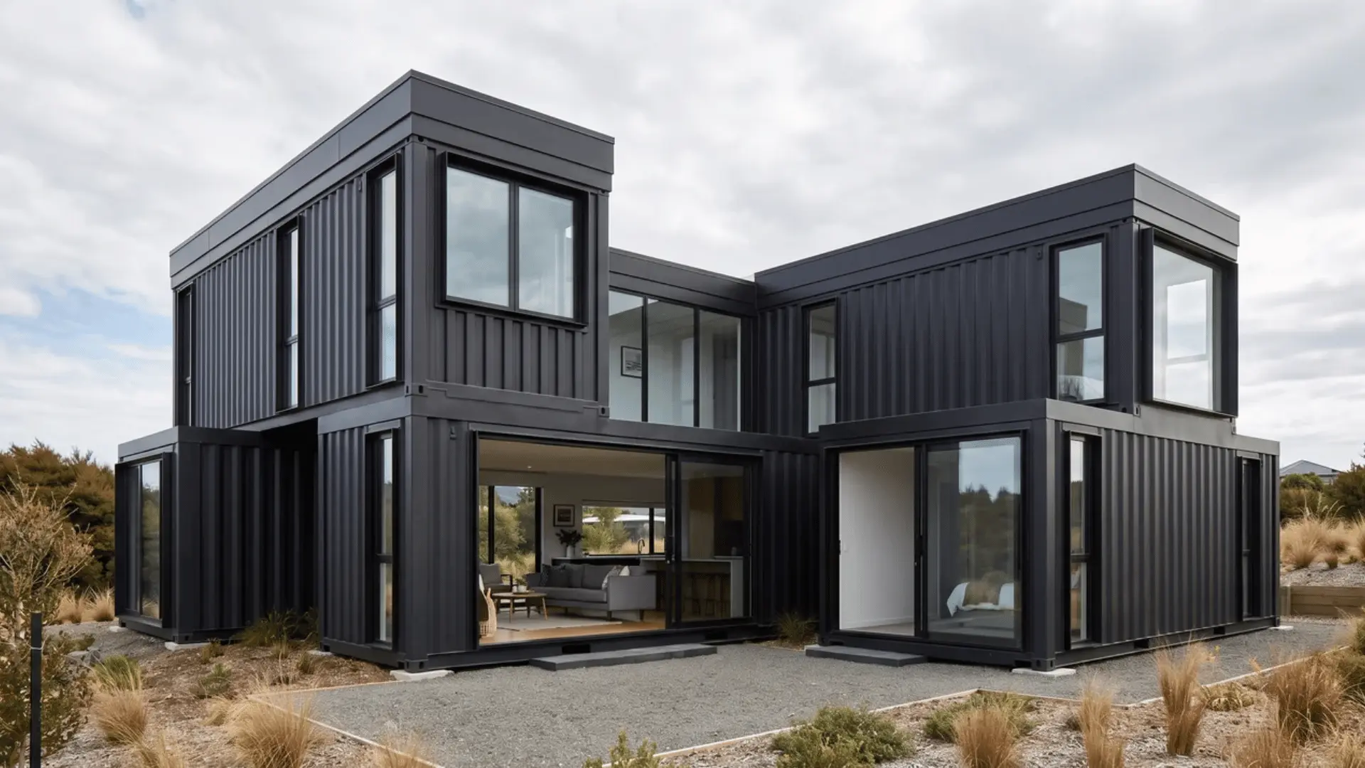 Black container home made from long steel modules with crisp openings and dark metal finishes