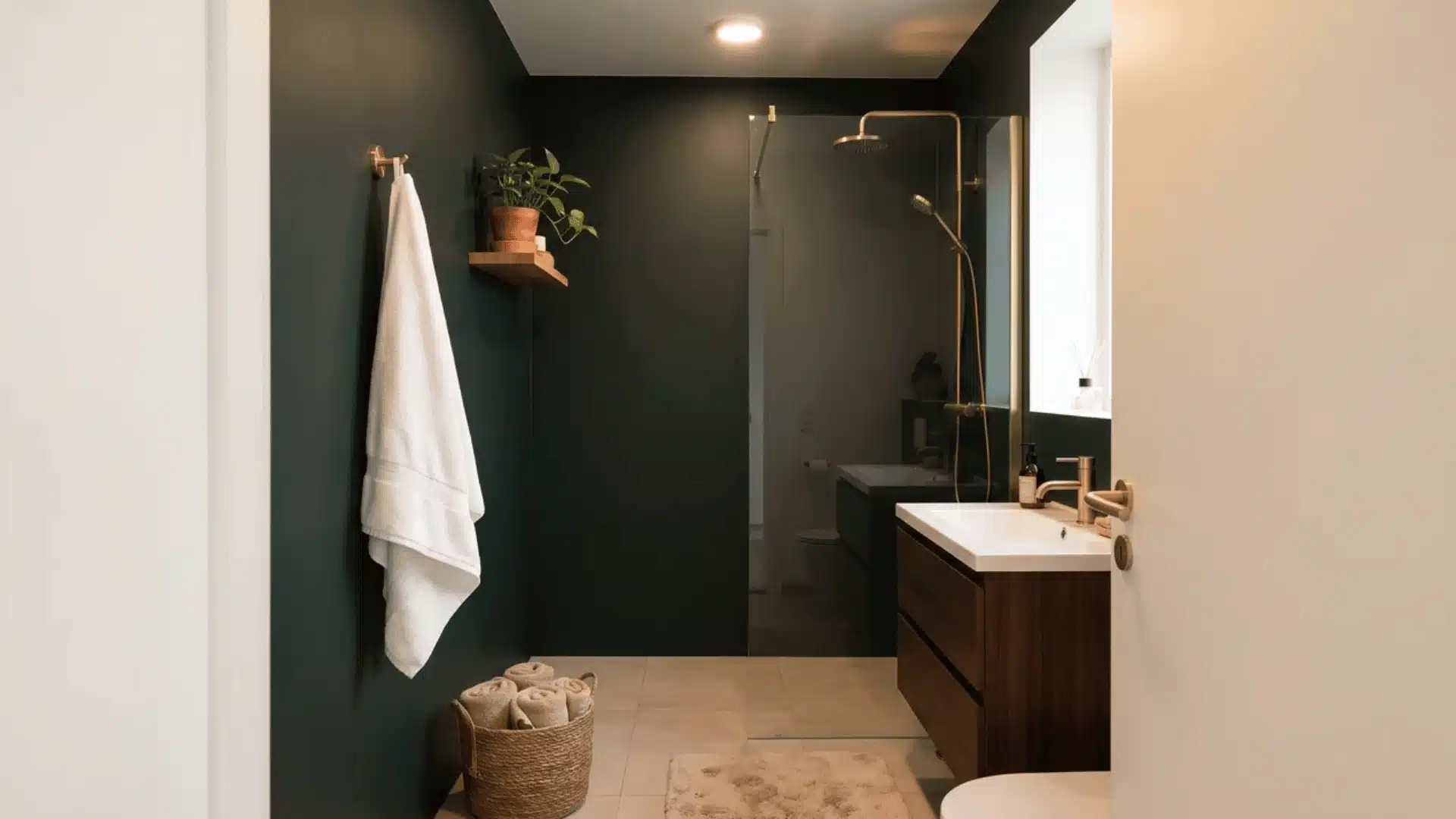 Small bathroom with deep green walls, glass shower, brass fixtures, and potted plant