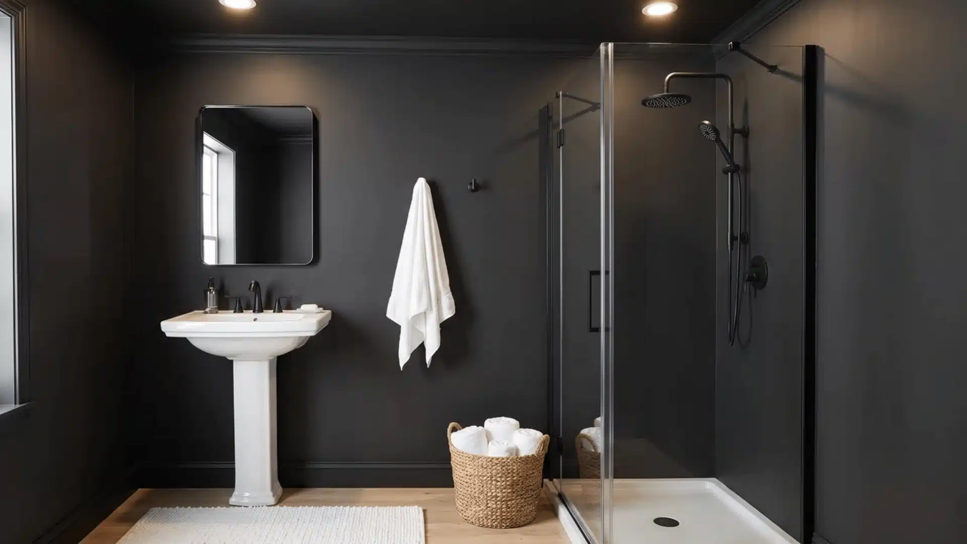 Small bathroom with matte black walls, white sink, glass shower, and towel basket