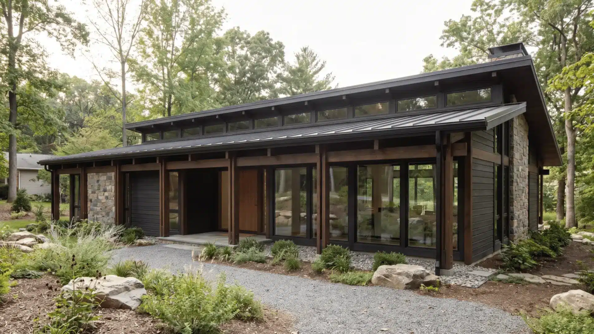 Black mid-century house with post-and-beam structure, clerestory windows, broad glazing, wood, and stone