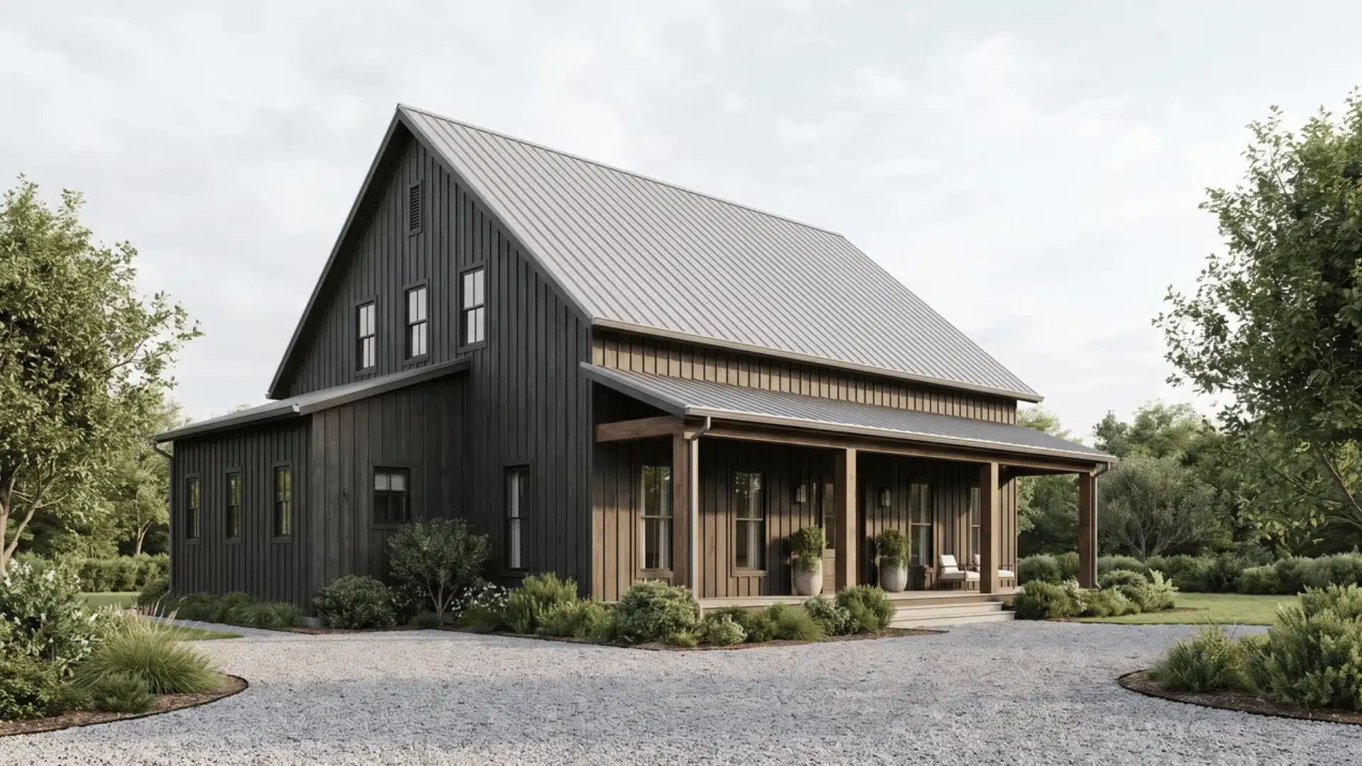 Black modern farmhouse with board-and-batten siding, covered porch, and simple rooflines