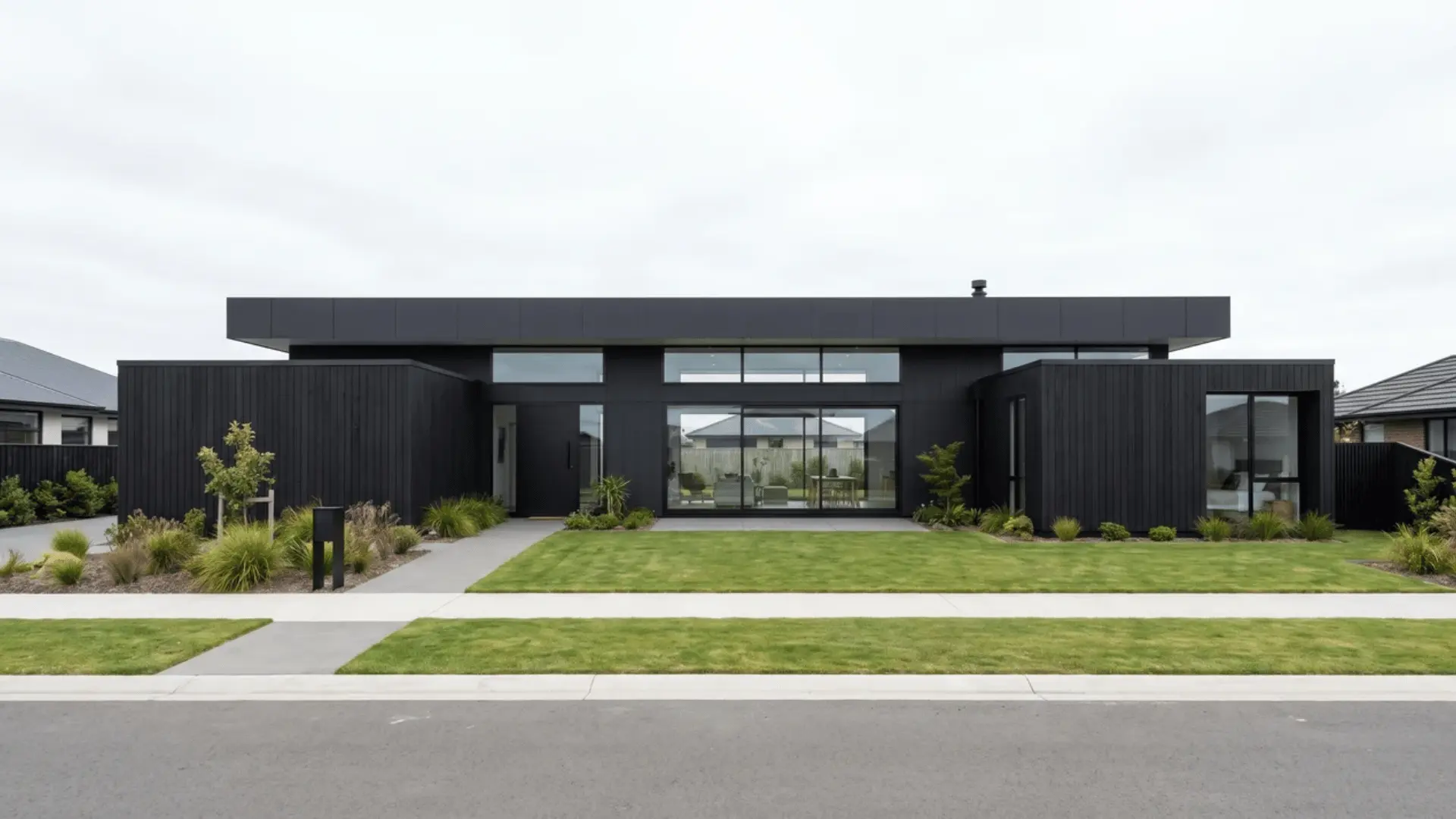Black modern home with flat roof, parapet walls, box-like massing, and large glazed openings