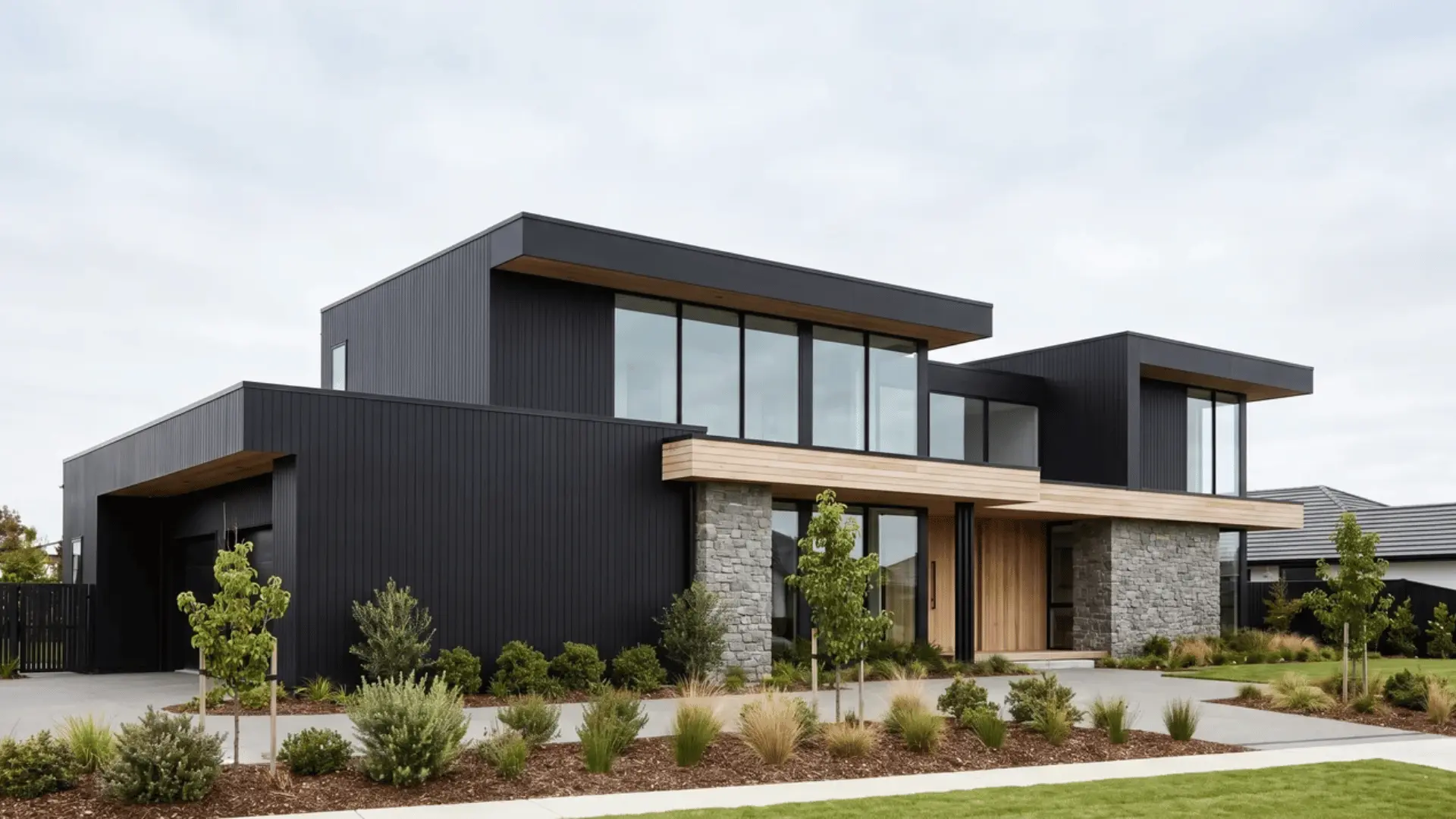 Black modern house with large glass windows, wood accents, stone sections, and landscaped surroundings.