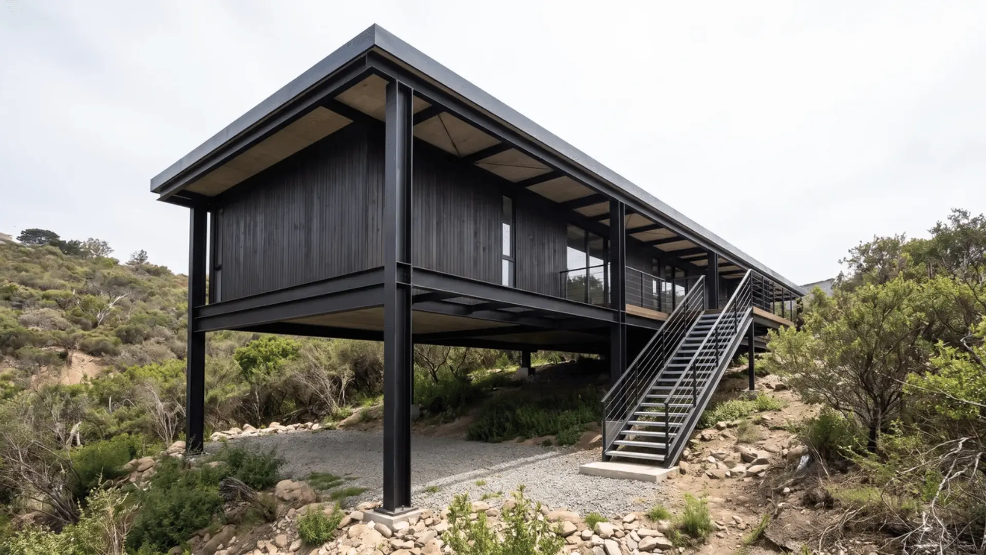 Black modern house raised on visible supports with stairs, columns, and an exposed underside
