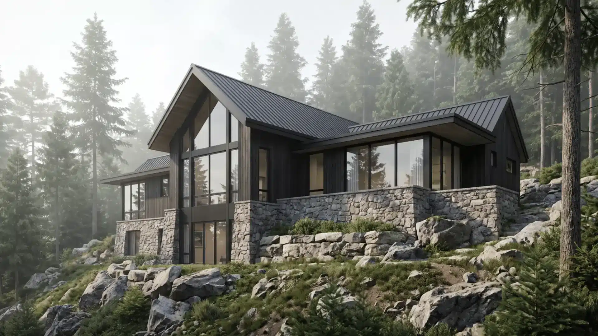 Black mountain home with broad glazing, stone base, dark cladding, trees, and rocky terrain