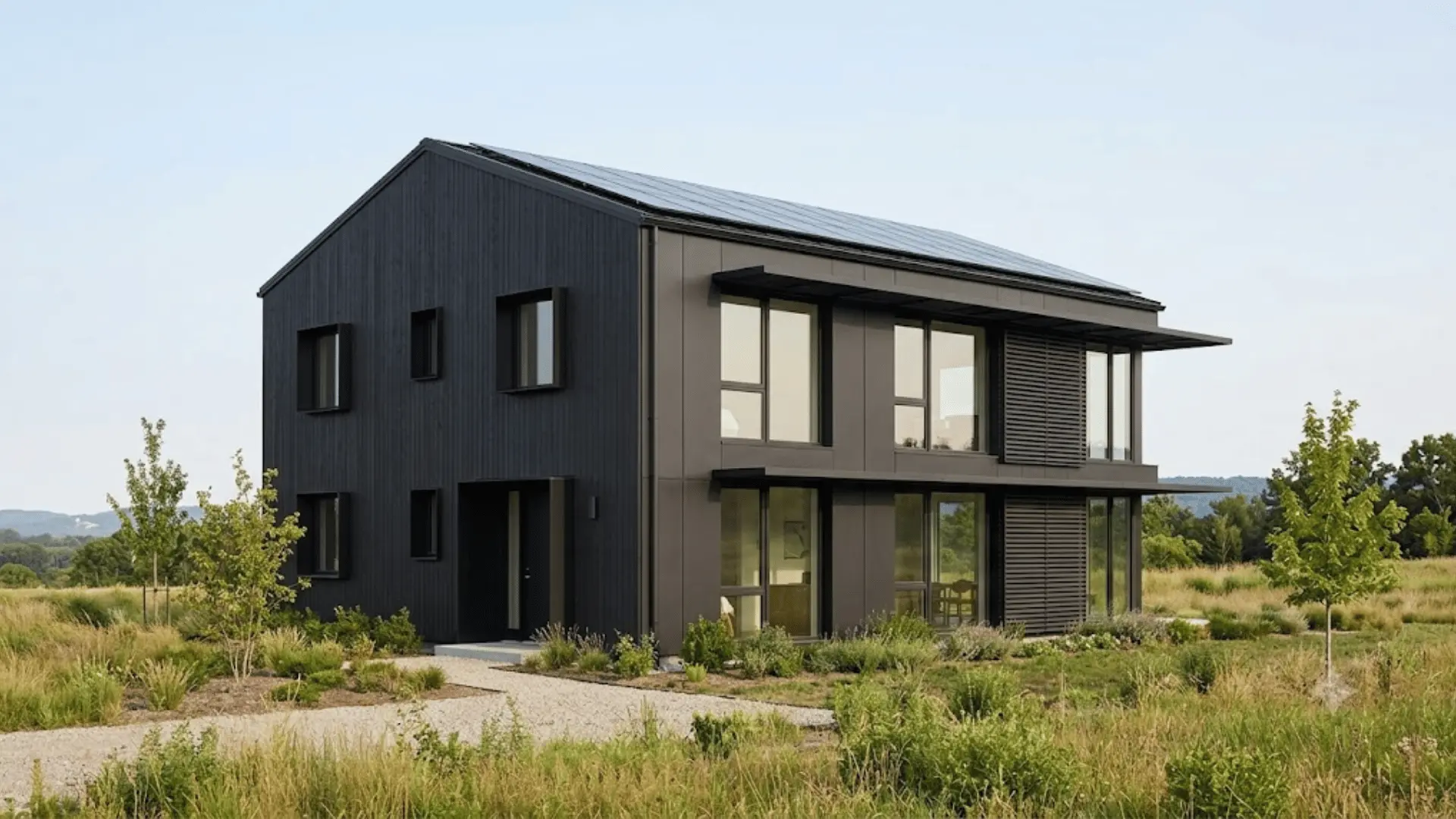 Black net-zero house with simple massing, controlled glazing, deep shading, and dark exterior cladding