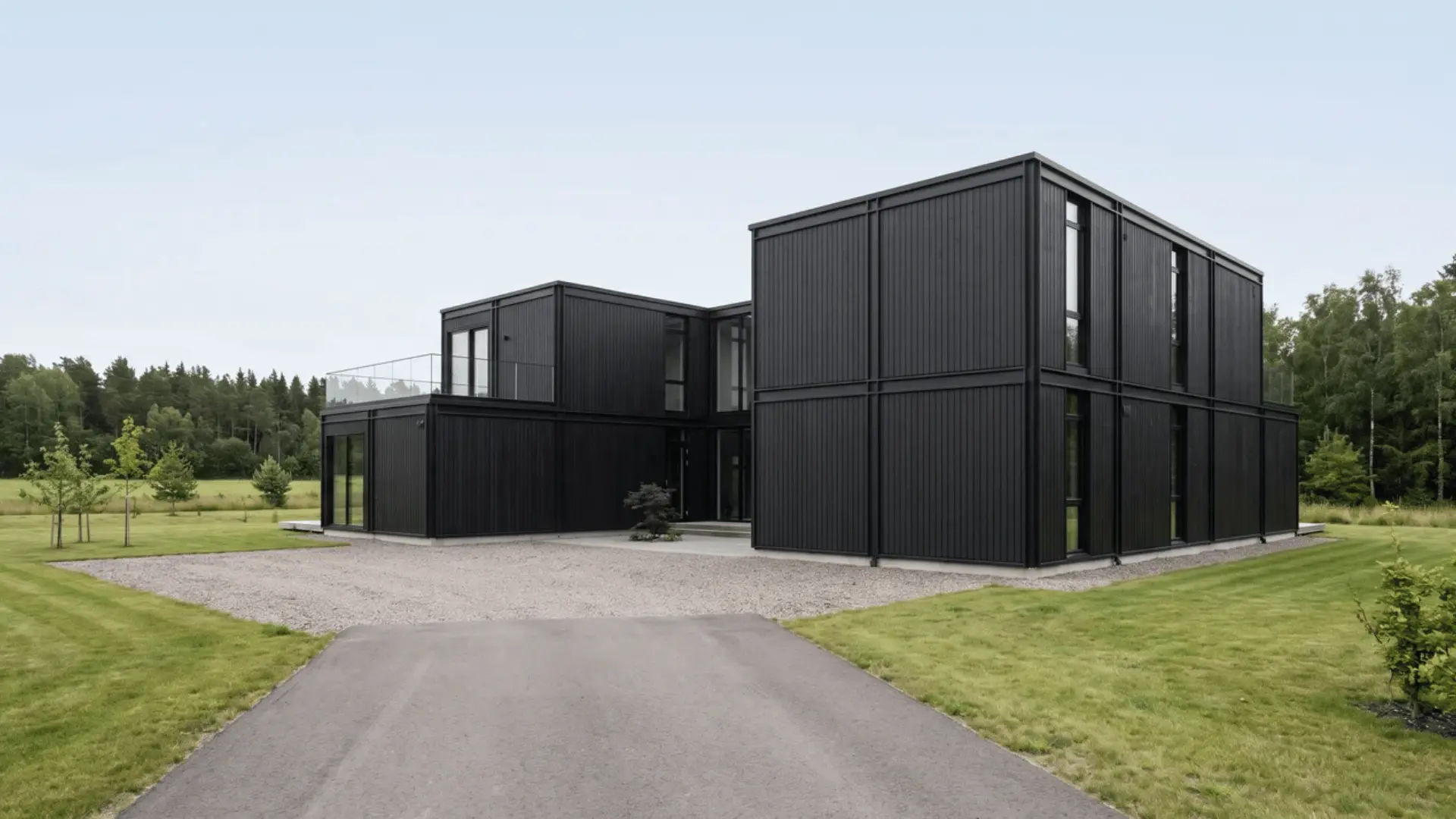 Black prefab house made from repeated rectangular modules with precise panel joints and dark cladding