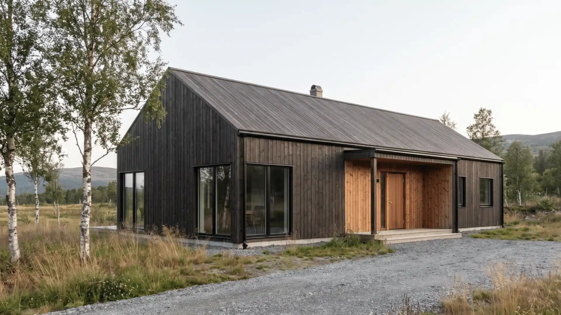 Black Scandinavian house with pitched roof, timber cladding, warm wood, and generous glazing