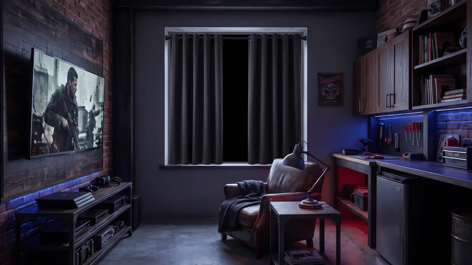 Blackout curtains covering a man cave window beside a TV, leather chair, shelves, and dark wood walls.