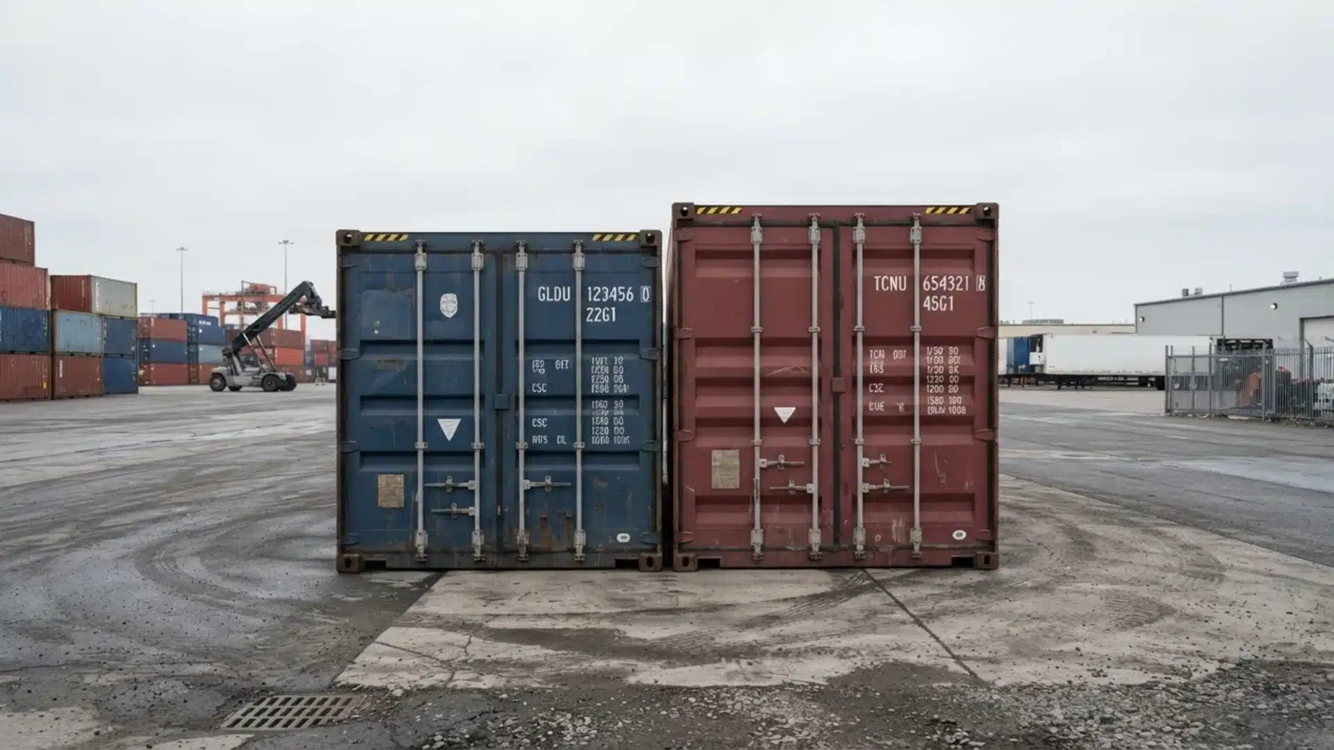 Blue and red shipping containers parked side-by-side in a industrial lot.