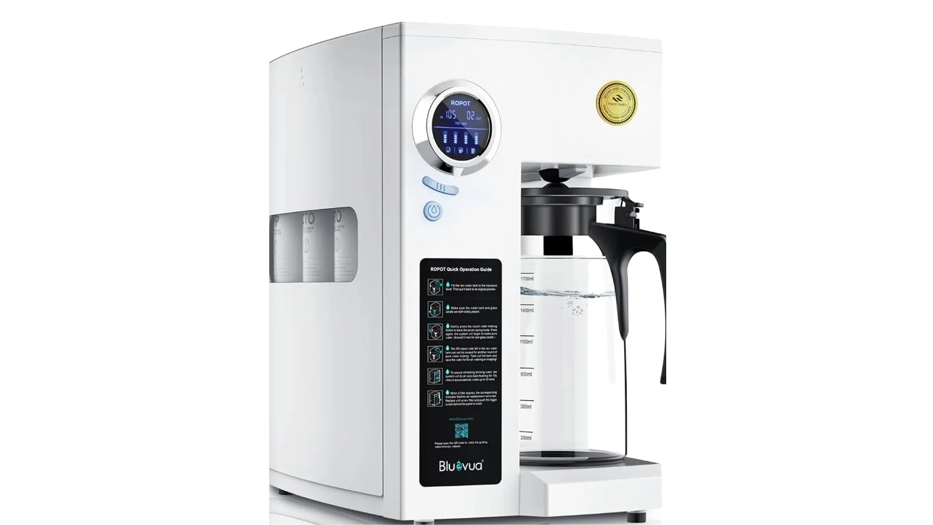 Bluevua ROPOT countertop reverse osmosis water filter with digital display and removable glass carafe