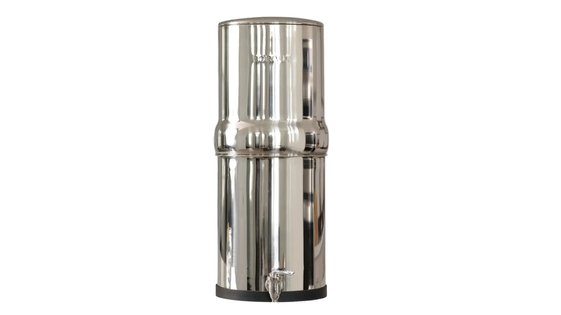 Boroux Legacy 3-gallon stainless-steel gravity water filter system with front spigot on a kitchen countertop