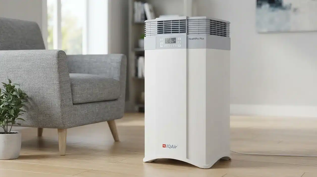 Boxy heavy-duty air purifier with rectangular casing and visible dense filter cartridge
