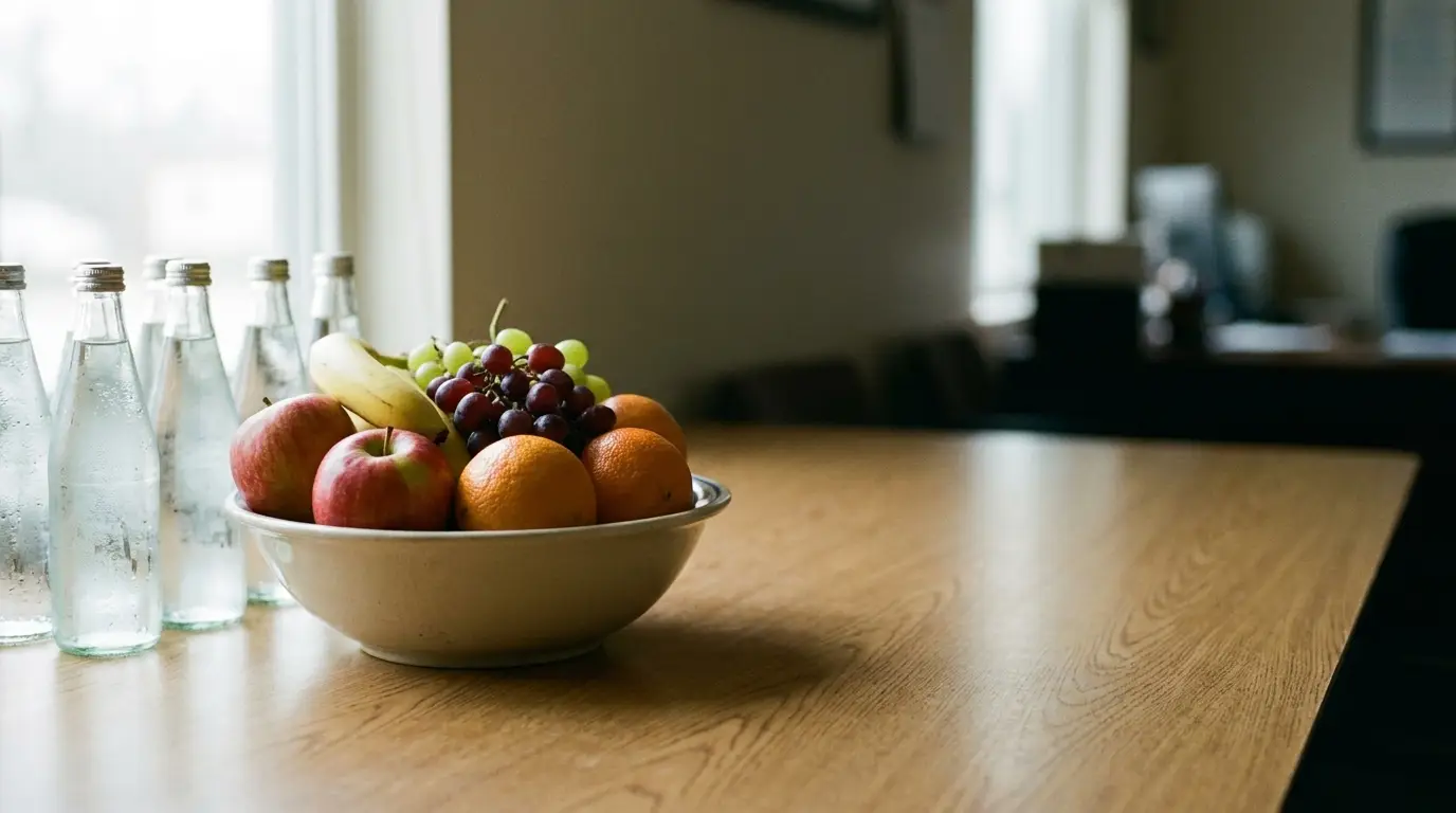 Bowl of mixed fruit and bottled water on wooden table in sunlit room