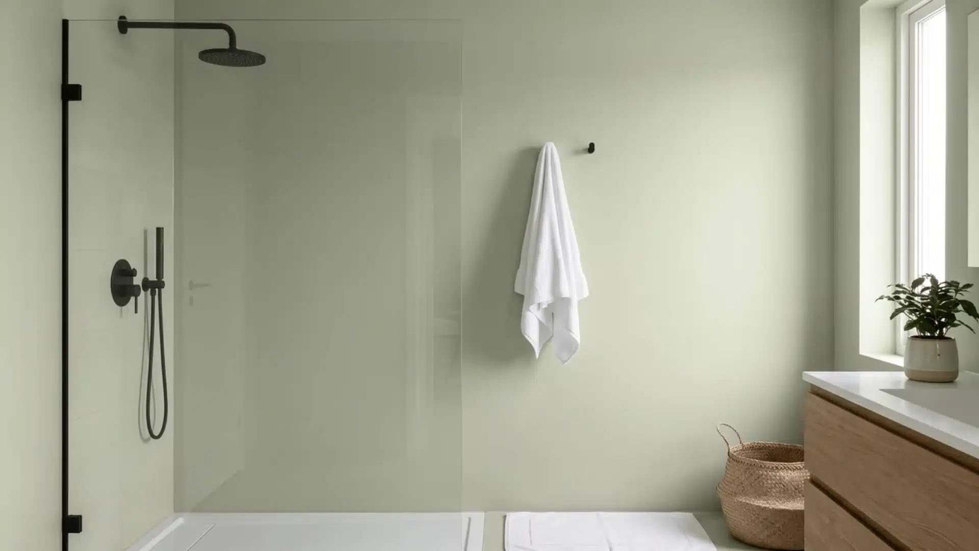 Small bathroom with sage green walls, glass shower, wood basket, and potted plant