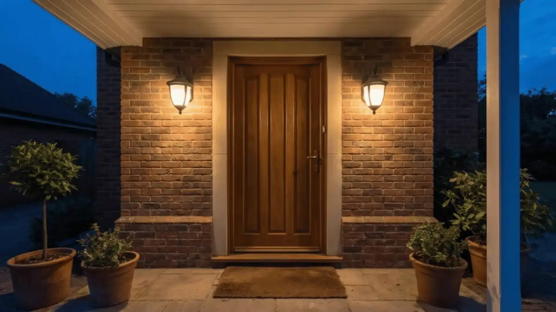 Brick front entrance with wall lights beside a wooden door at dusk