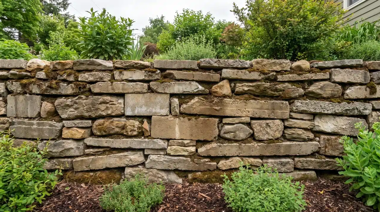 Broken concrete slabs, blocks, and reused stones stacked into a straight retaining wall.
