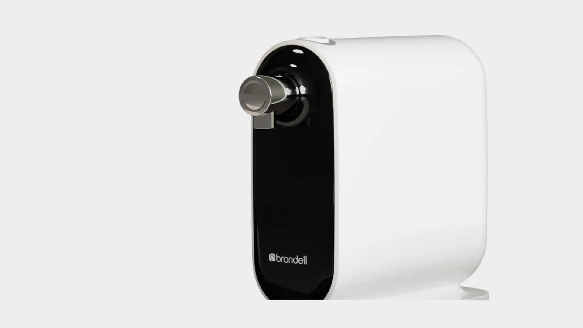 Brondell Cypress countertop water filter with a white body, black front panel, and front dispensing nozzle