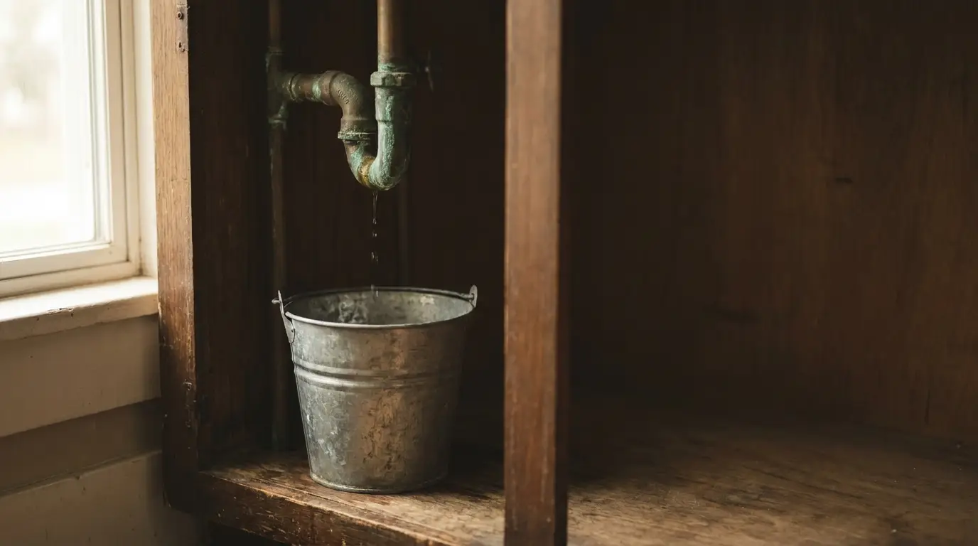Dripping pipe above metal bucket inside wooden cabinet near window