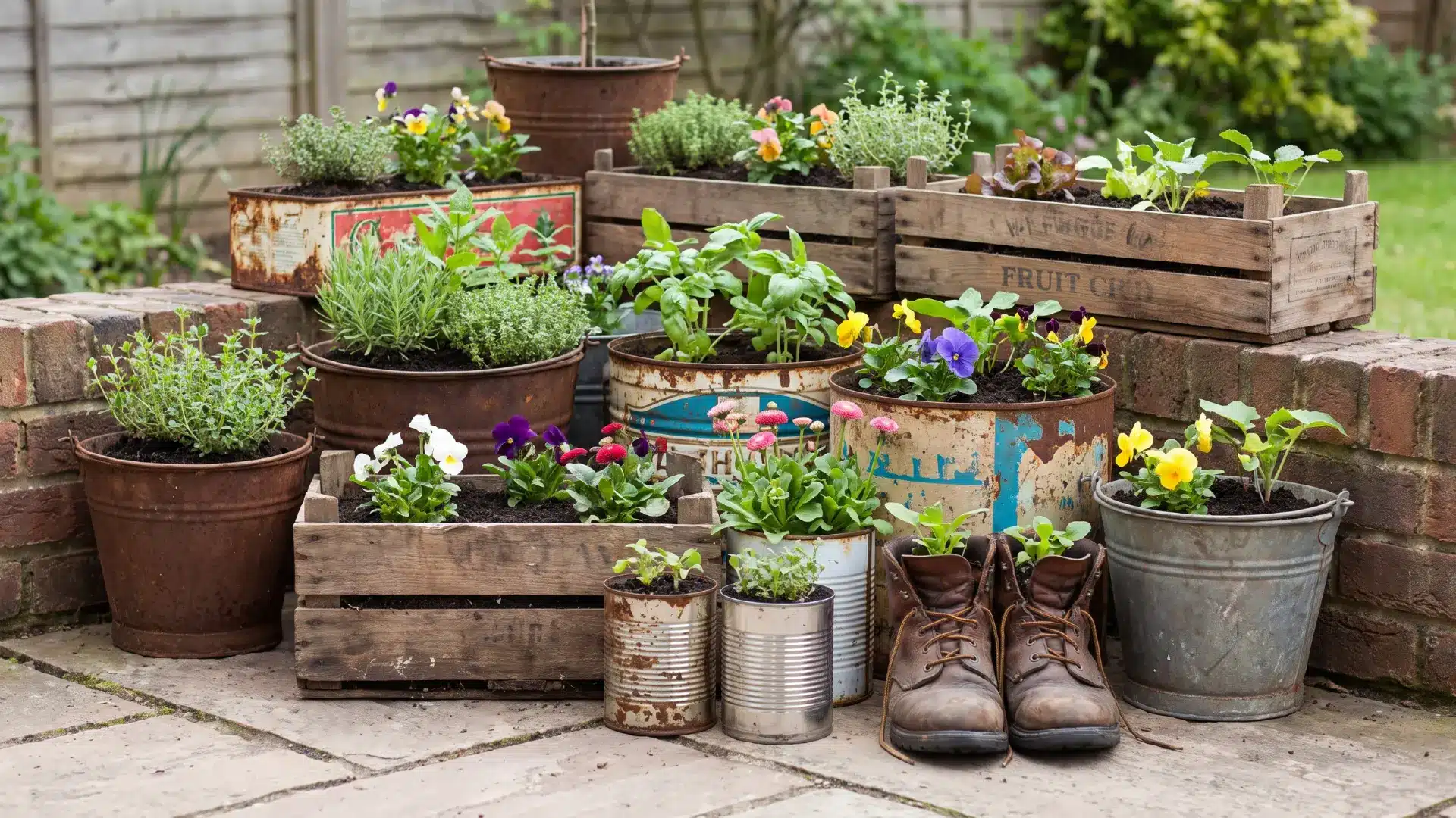 Buckets, crates, tin cans, and old boots grouped together as planters on a patio