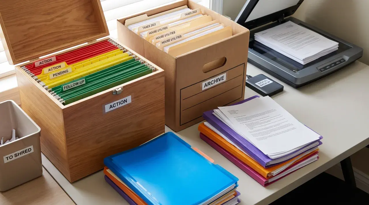 Color-coded folders and papers arranged in a home office filing system