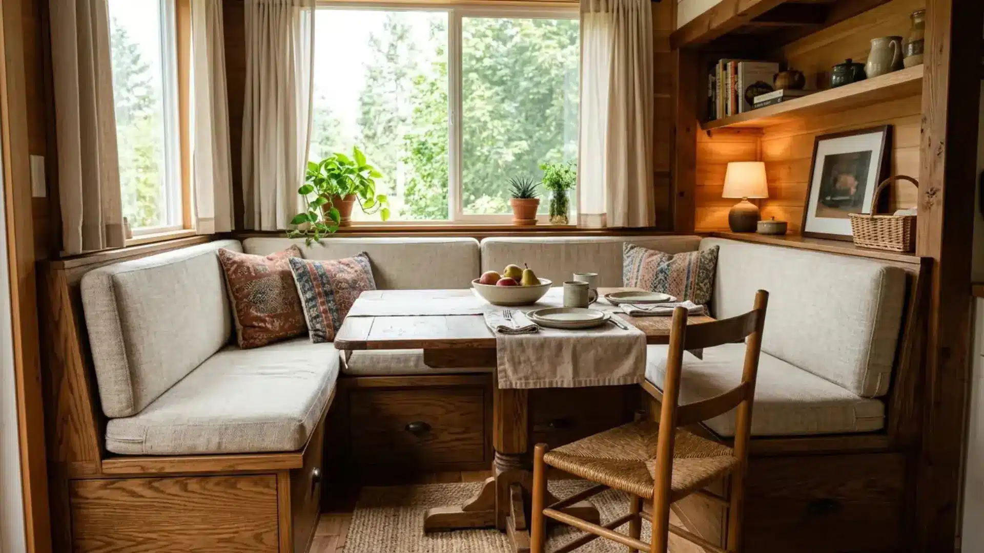 Built-in banquette dining nook with cushioned bench seating