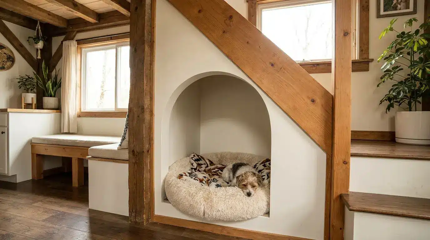 Built-in dog nook tucked under a bench or staircase