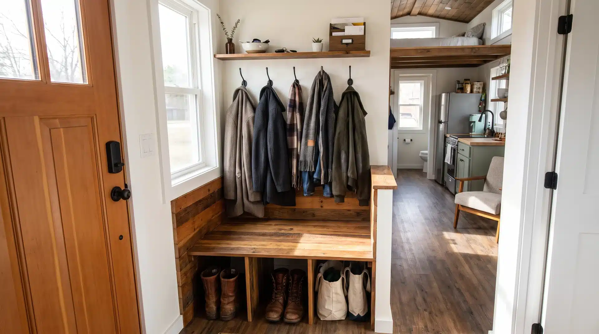 Built-in entry bench with boots and bags underneath, plus wall hooks for coats beside a tiny home door