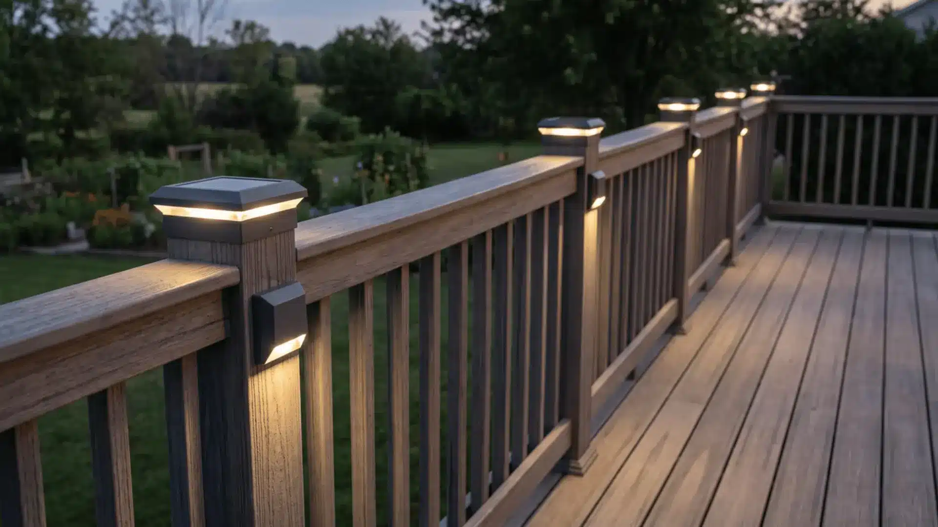 Built-in LED post cap lights spaced along a deck railing