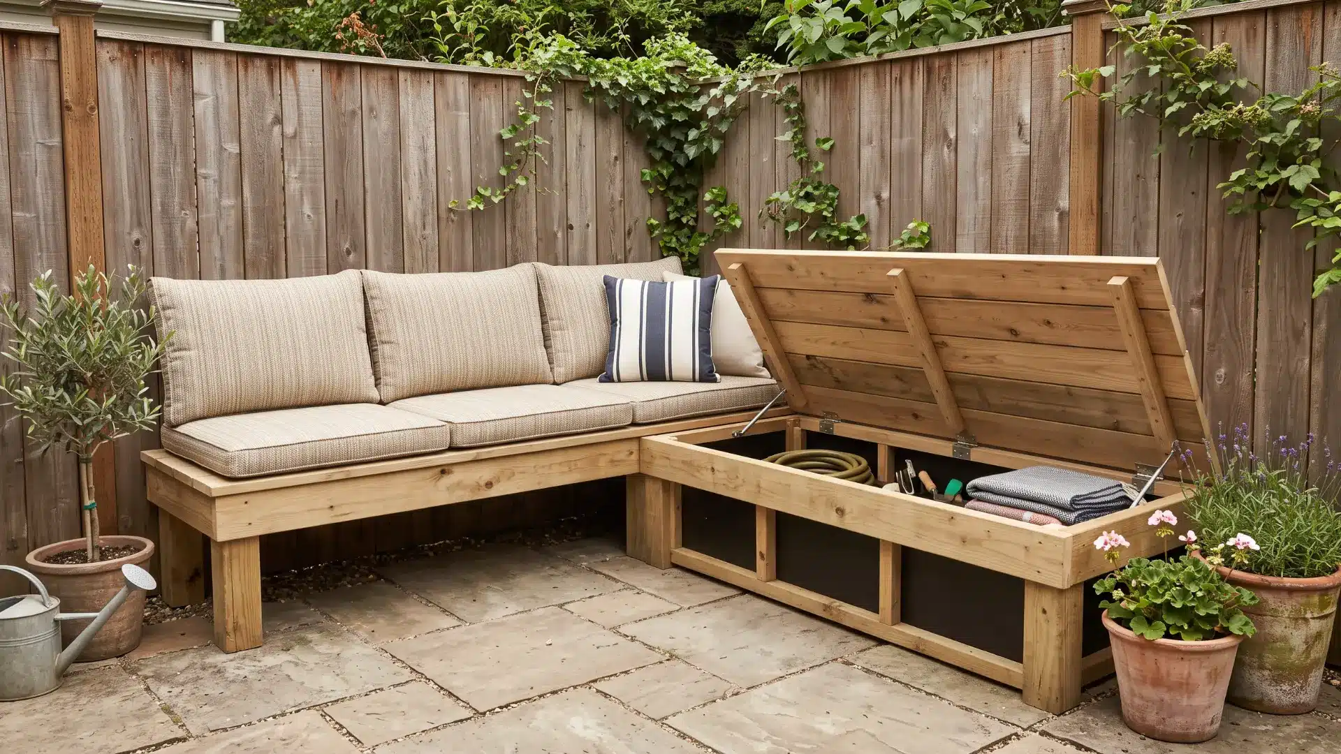 Built-in patio bench with cushions and hinged storage lid fitted against a wall