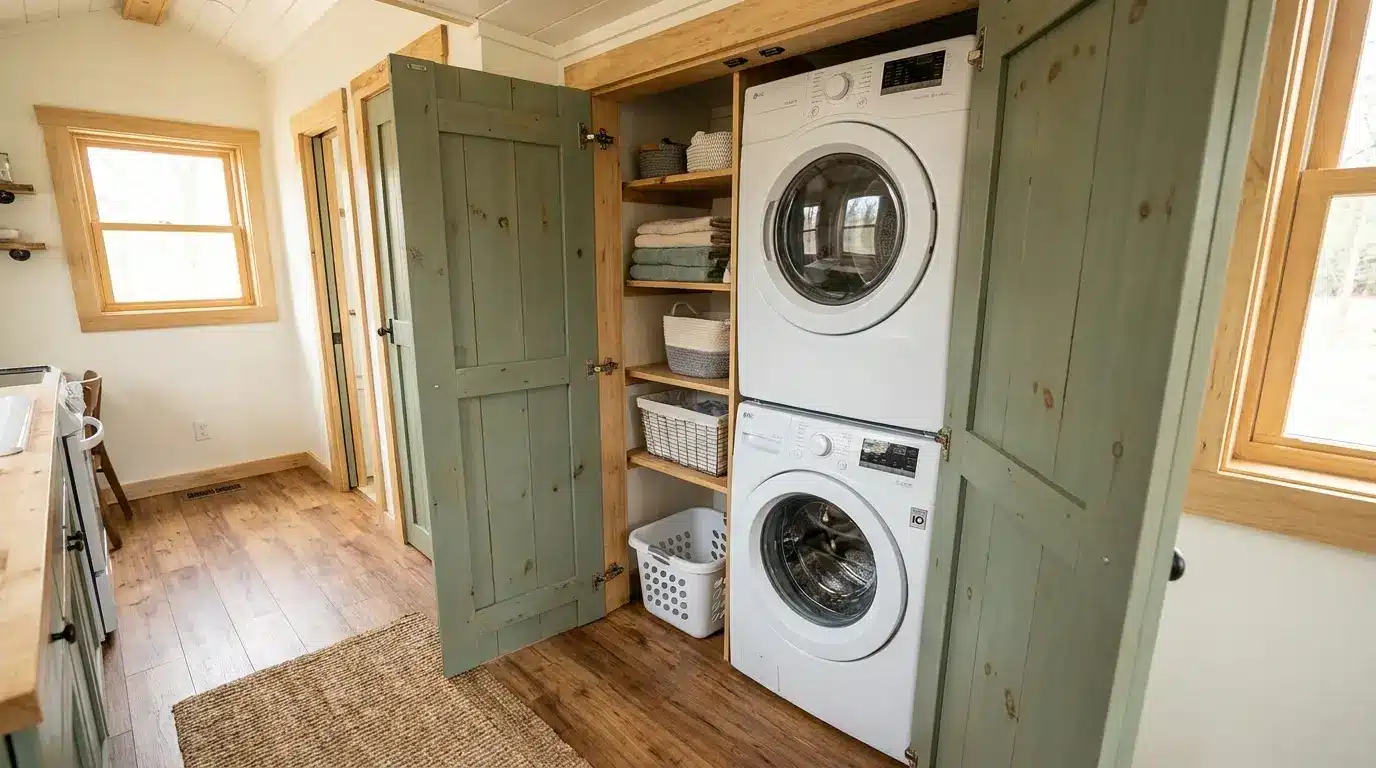 Cabinet doors open revealing a hidden stackable washer-dryer