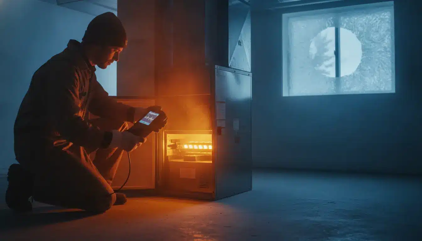 Technician inspecting heating furnace in dimly lit basement with diagnostic device