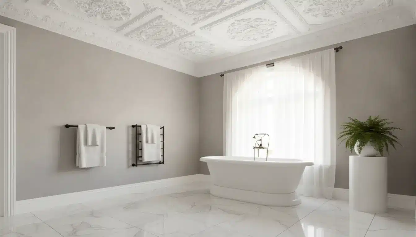 Elegant bathroom with freestanding bathtub, ornate ceiling, and white towels on racks