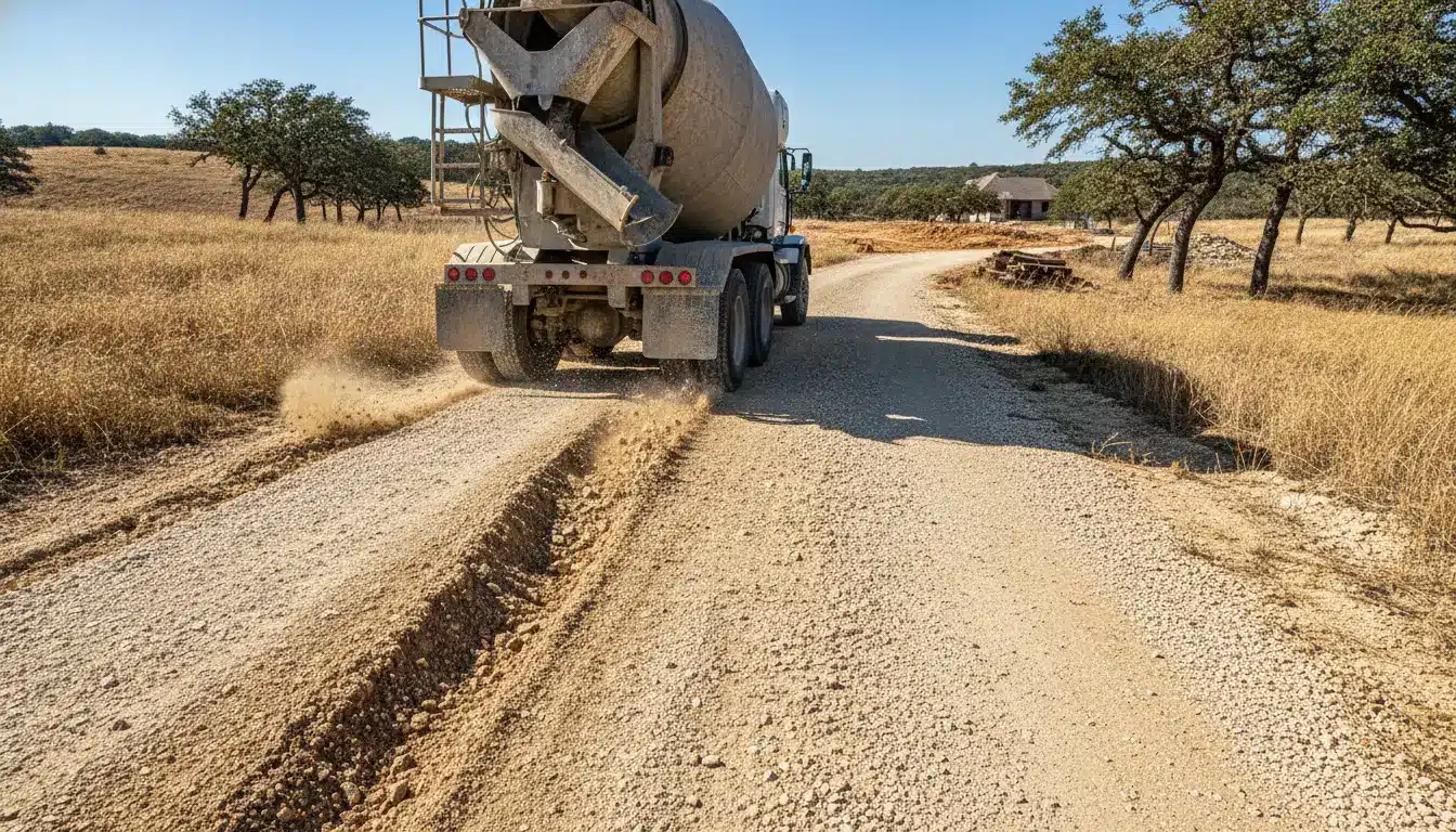 Concrete truck driving on a gravel road through rural landscape with scattered trees