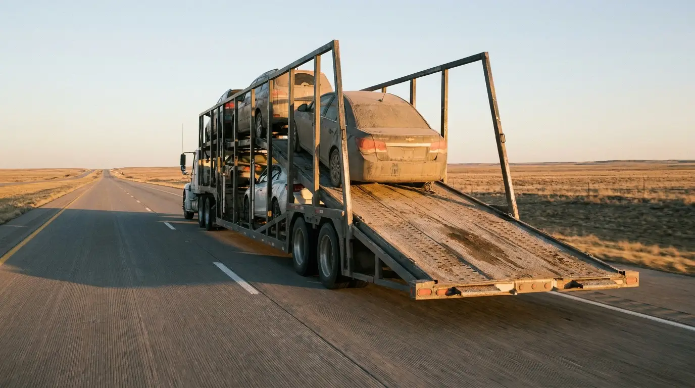 Car transport trailer loaded with vehicles driving on open highway under clear sky
