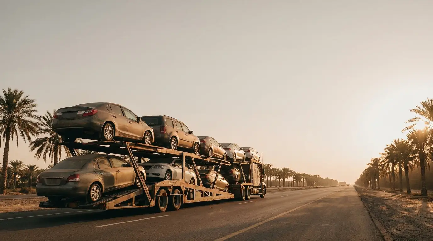 Car transporter truck with multiple vehicles driving on highway lined with palm trees at sunset