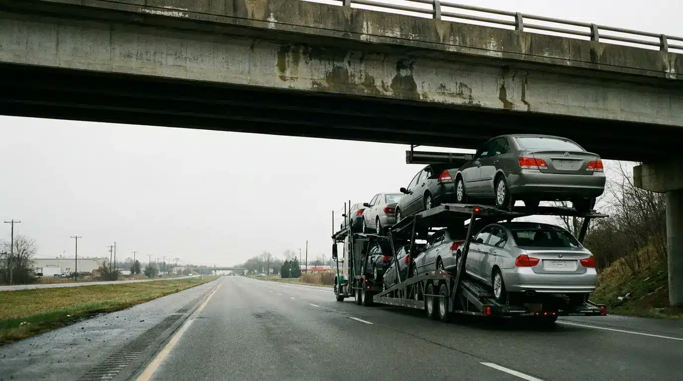 Car transporter carrying vehicles on highway under concrete bridge on cloudy day