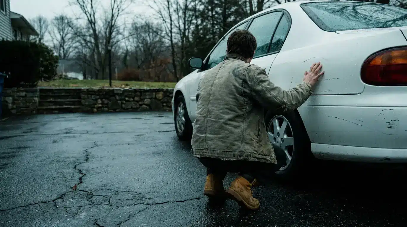 Person inspecting car by rear bumper on wet driveway in gloomy weather