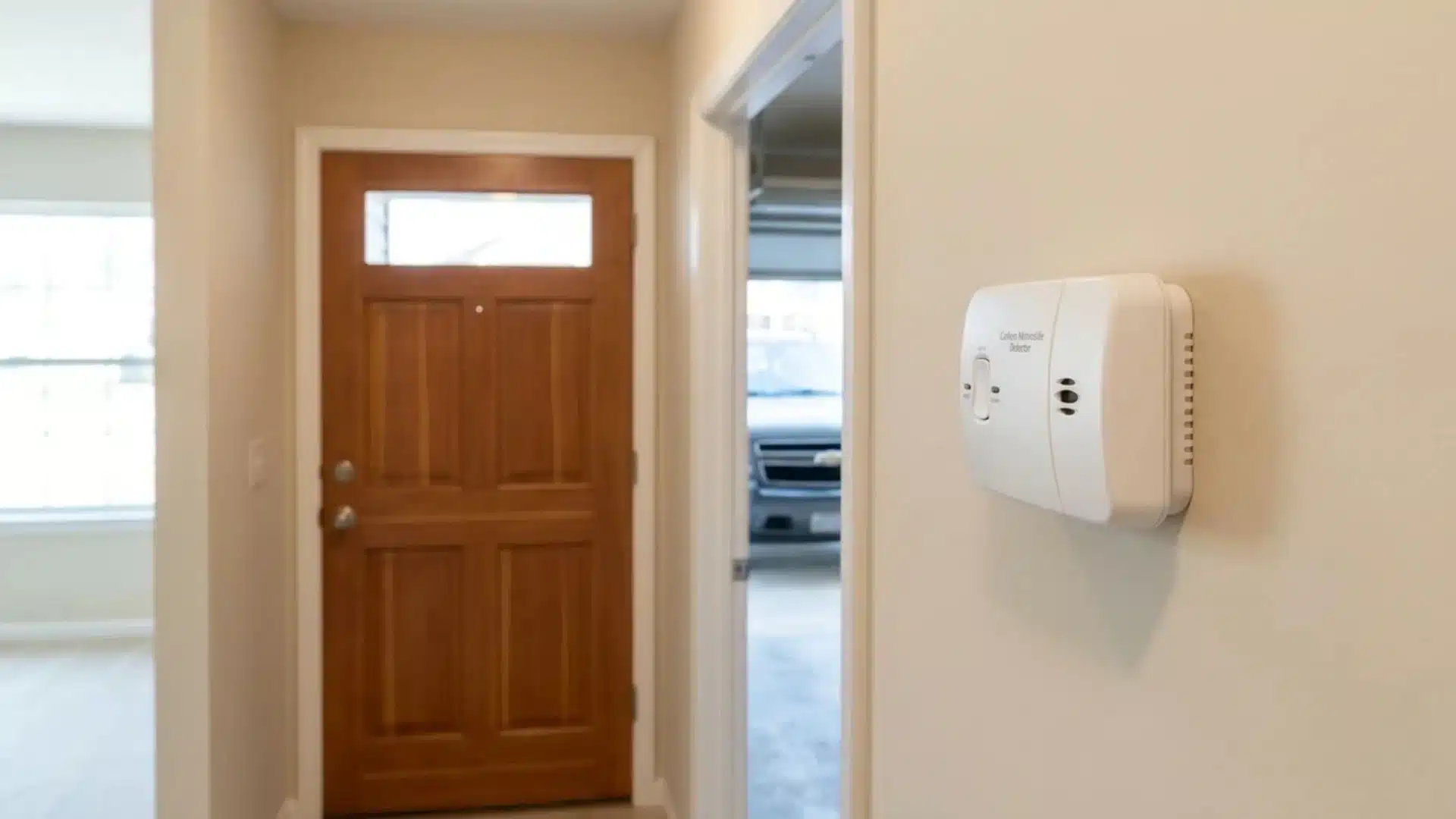 Carbon monoxide detector mounted near an attached garage entry door