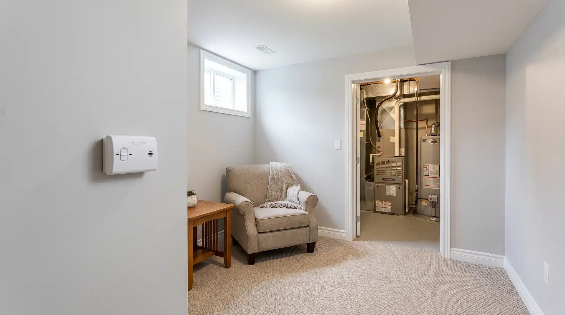Carbon monoxide detector mounted on a finished basement wall