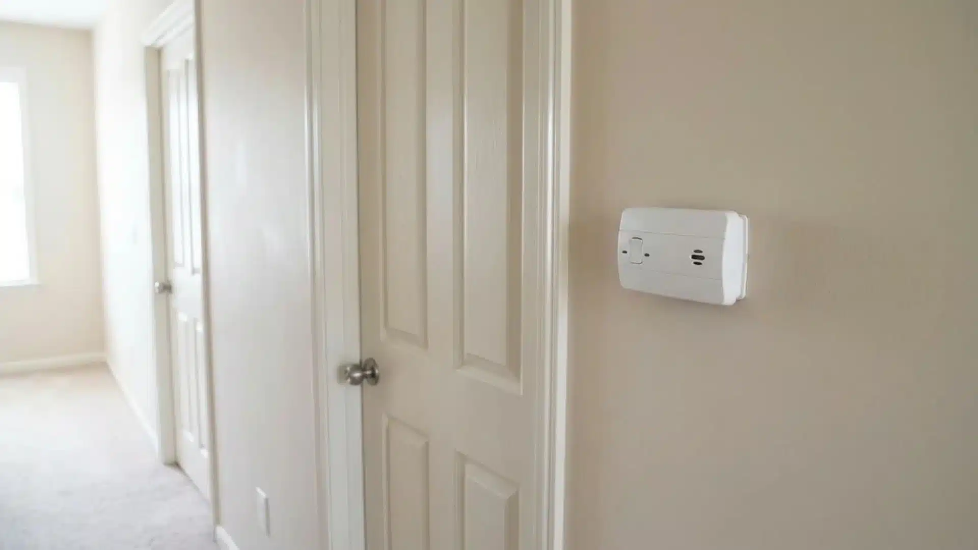 Carbon monoxide detector mounted on a hallway wall outside a bedroom