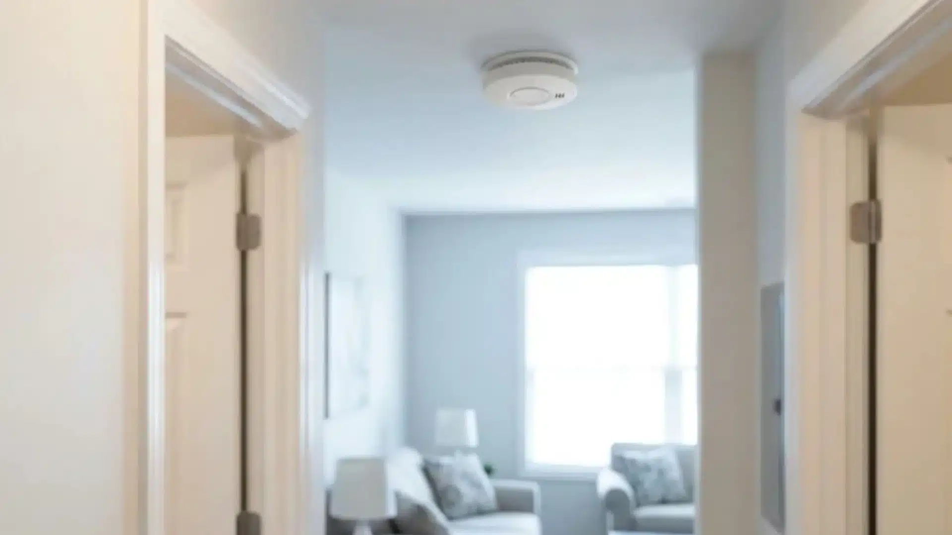 Smoke and carbon monoxide detector mounted on the ceiling between two rooms in a home.