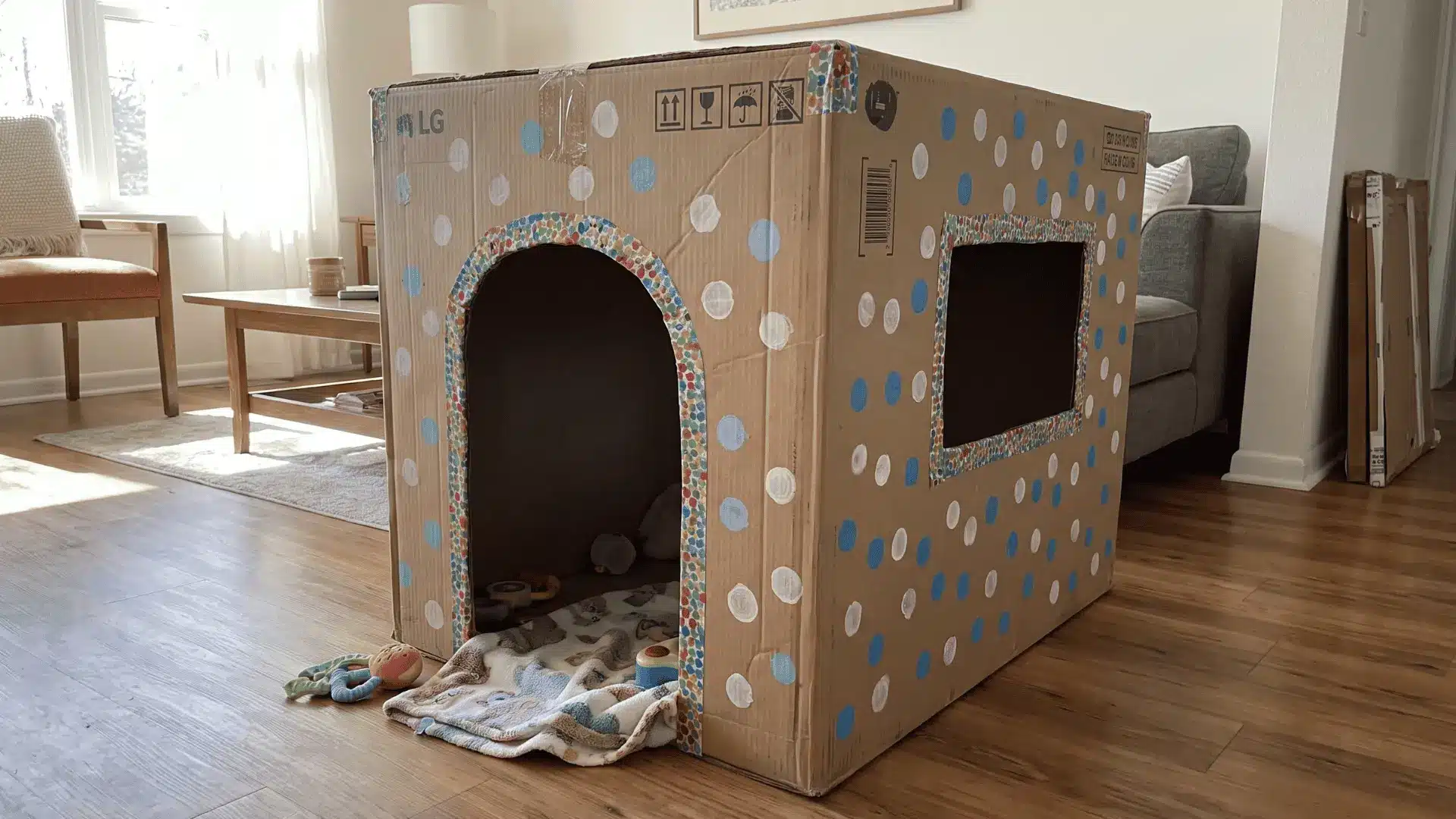 Cardboard appliance box converted into a playhouse with safe door and window cutouts