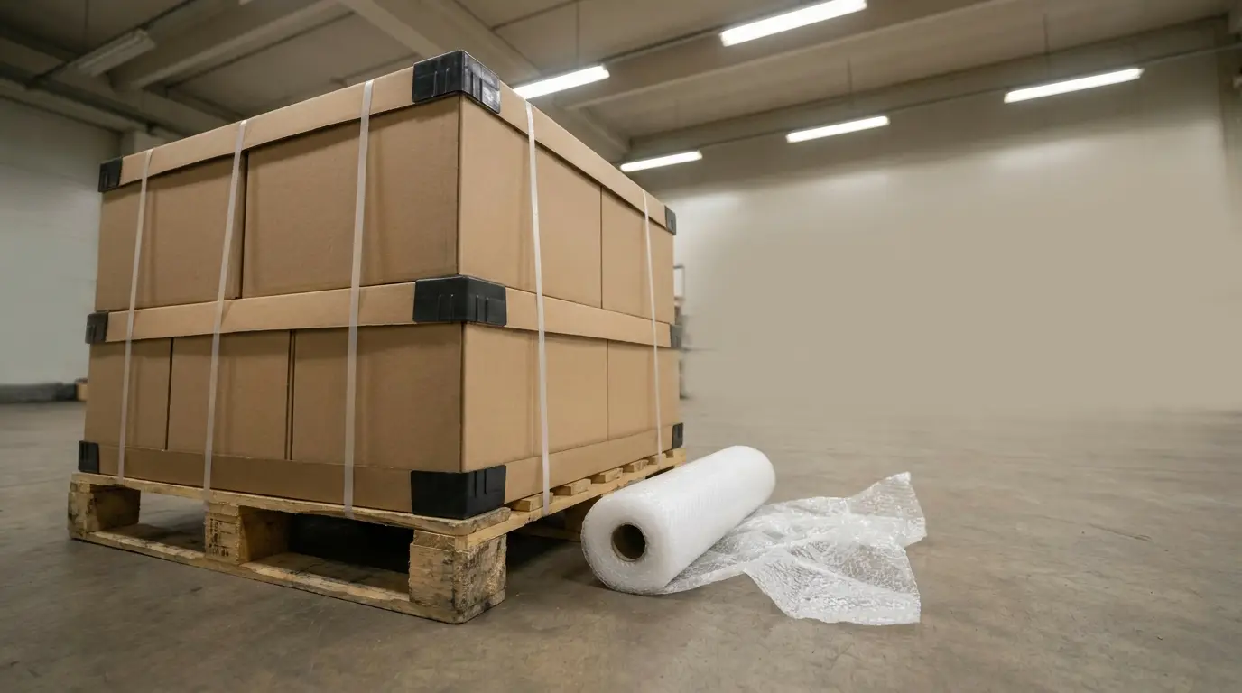 Cardboard boxes stacked on wooden pallet in warehouse with bubble wrap nearby