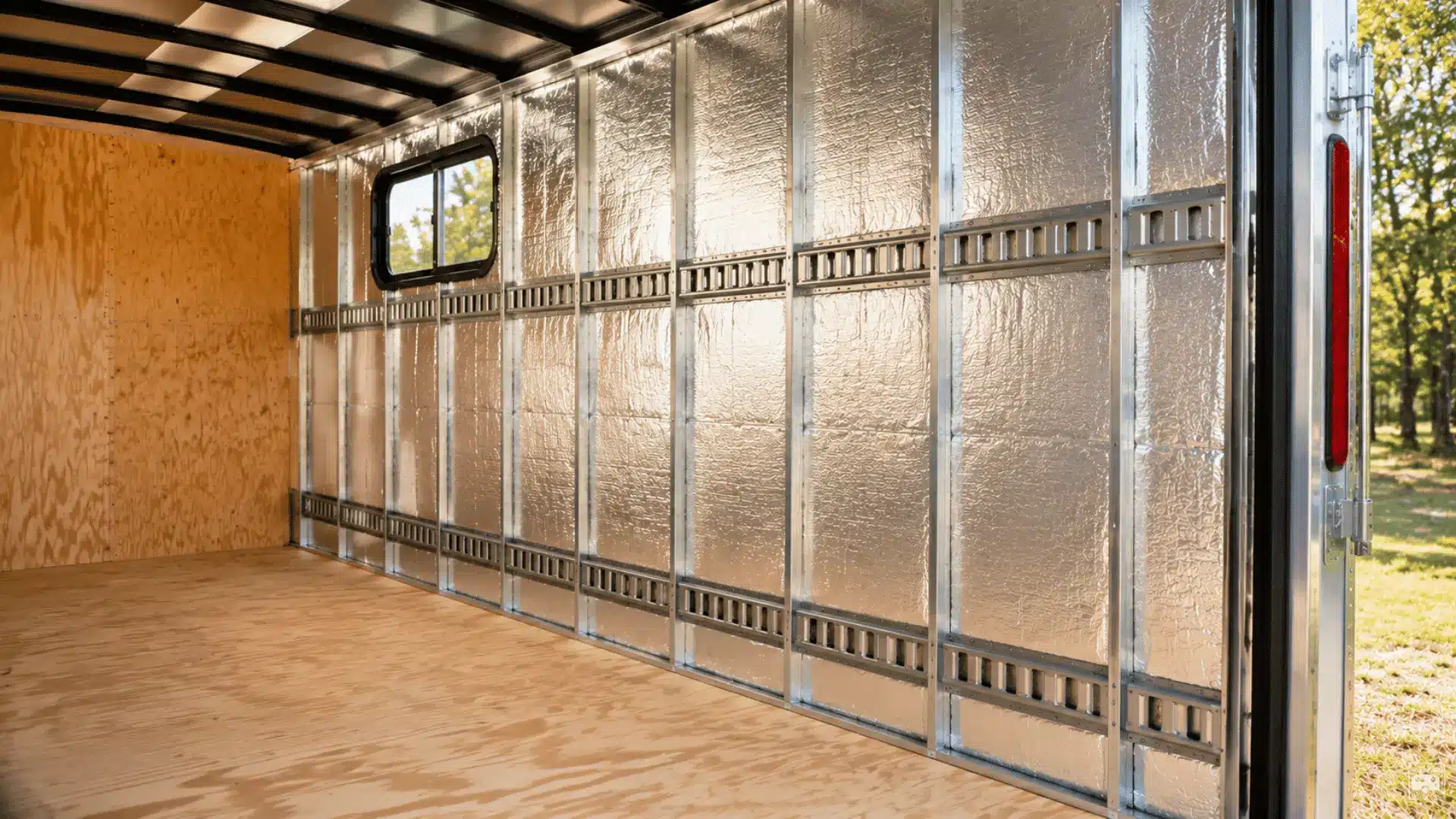Cargo trailer interior with foil-faced insulation installed between metal wall studs.