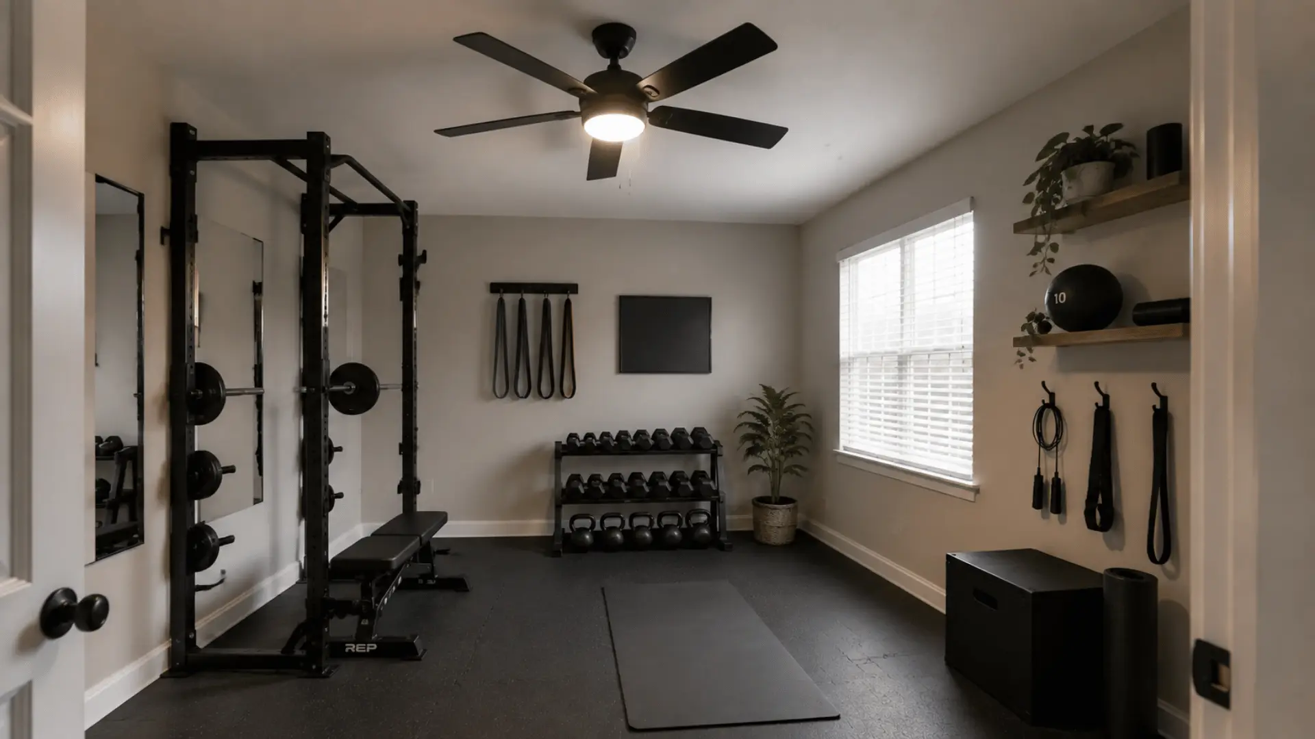 Ceiling fan with light above a small home gym workout area