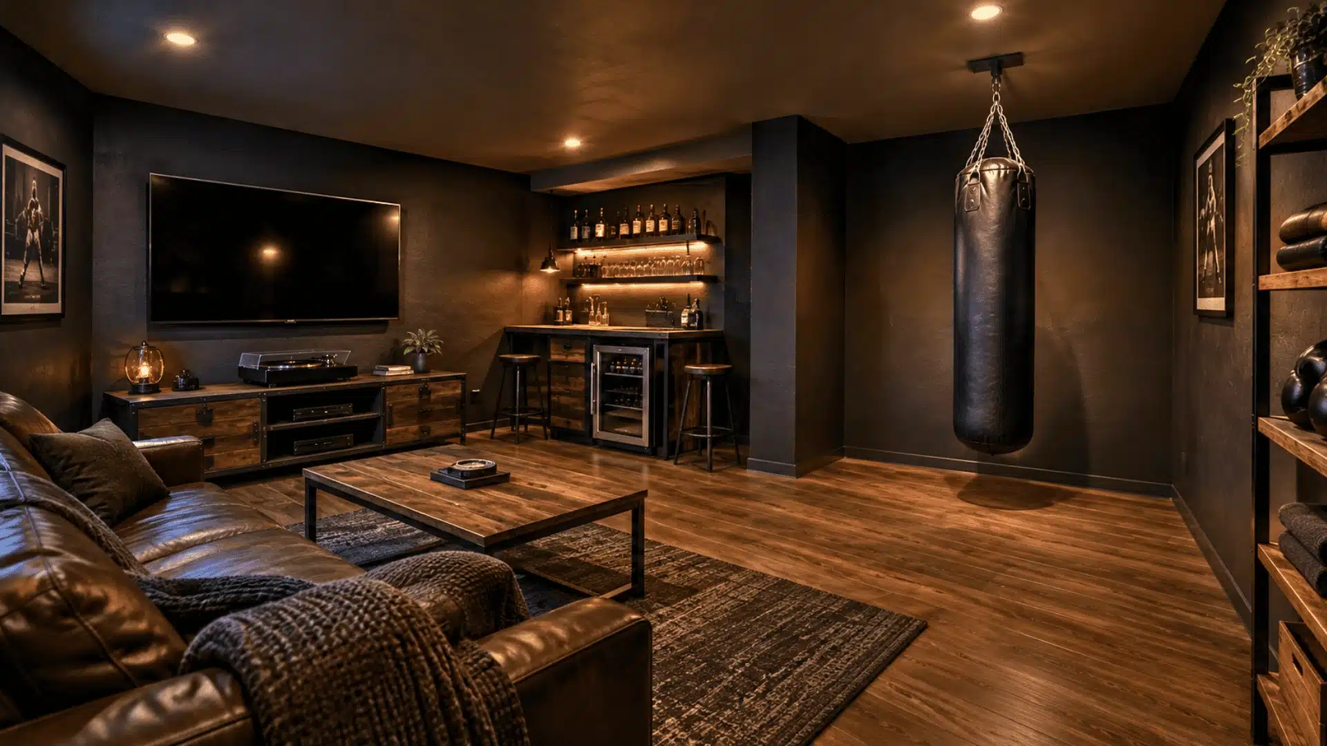 Ceiling-mounted punching bag in a clear man cave corner with open swing space and the full room visible.