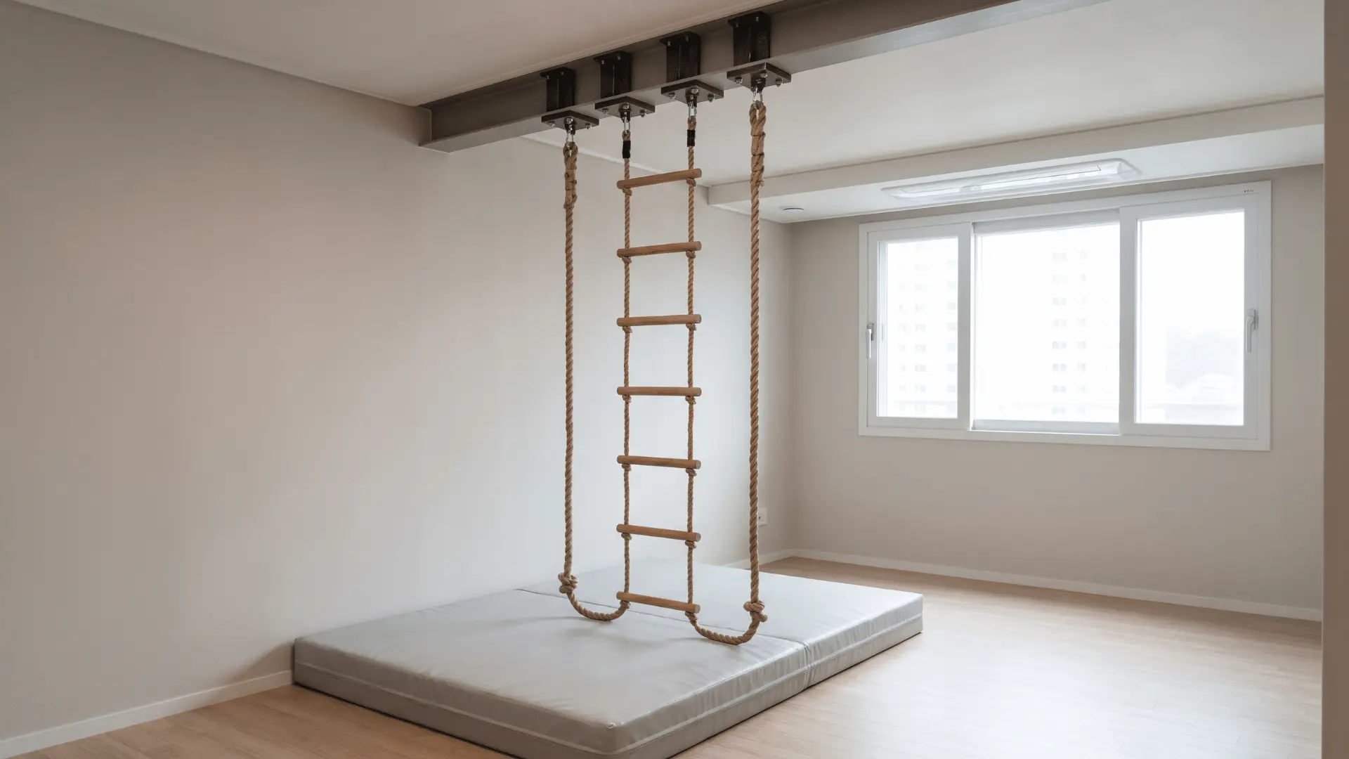 Ceiling-mounted rope ladder above a padded playroom floor area